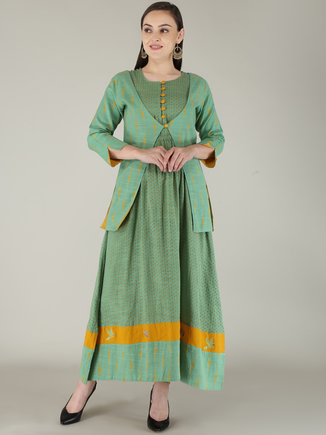 

KALINI Women Green Embroidered Pleated Kurti with Skirt &