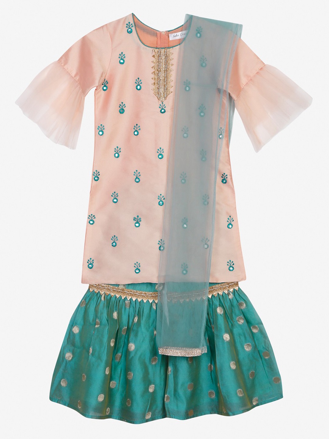 

SAKA DESIGNS Girls Peach-Coloured Embroidered Kurta with Sharara & With Dupatta