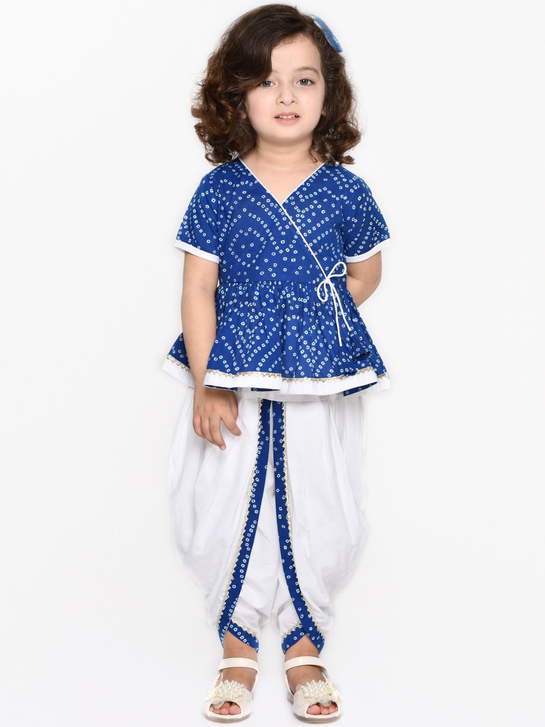 

SAKA DESIGNS Girls Blue Bandhani Printed Angrakha Pure Cotton Kurti with Dhoti Pants