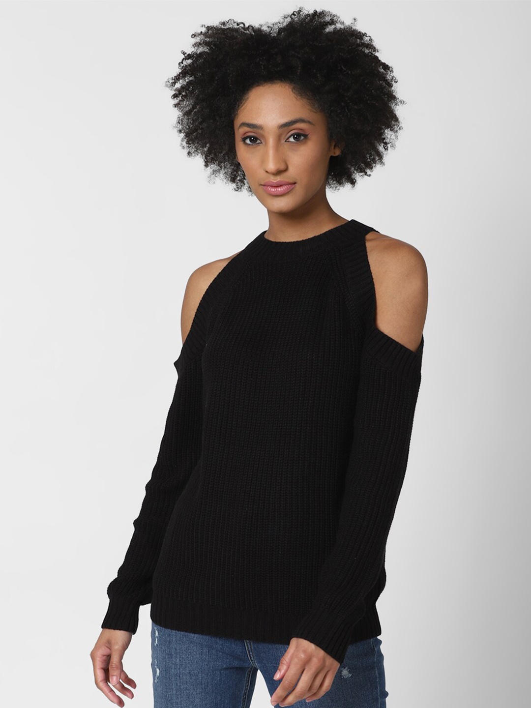 

FOREVER 21 Women Black Cold-Shoulder Ribbed Pullover Sweater