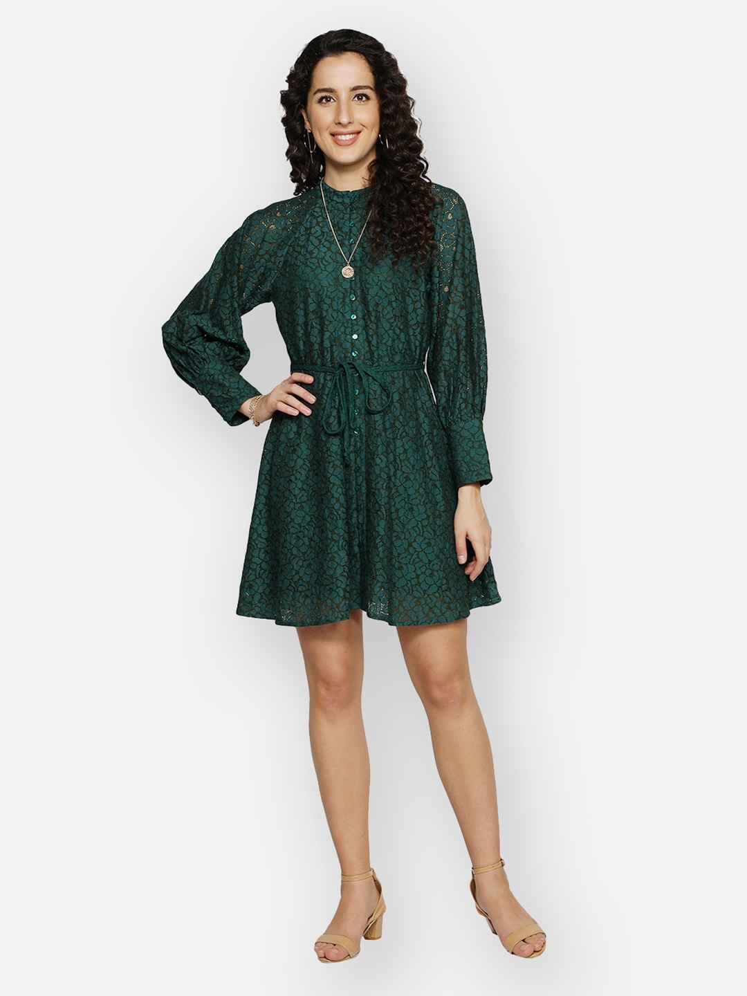 

BLANC9 Women Green Self Design Laced Fit & Flared Dress