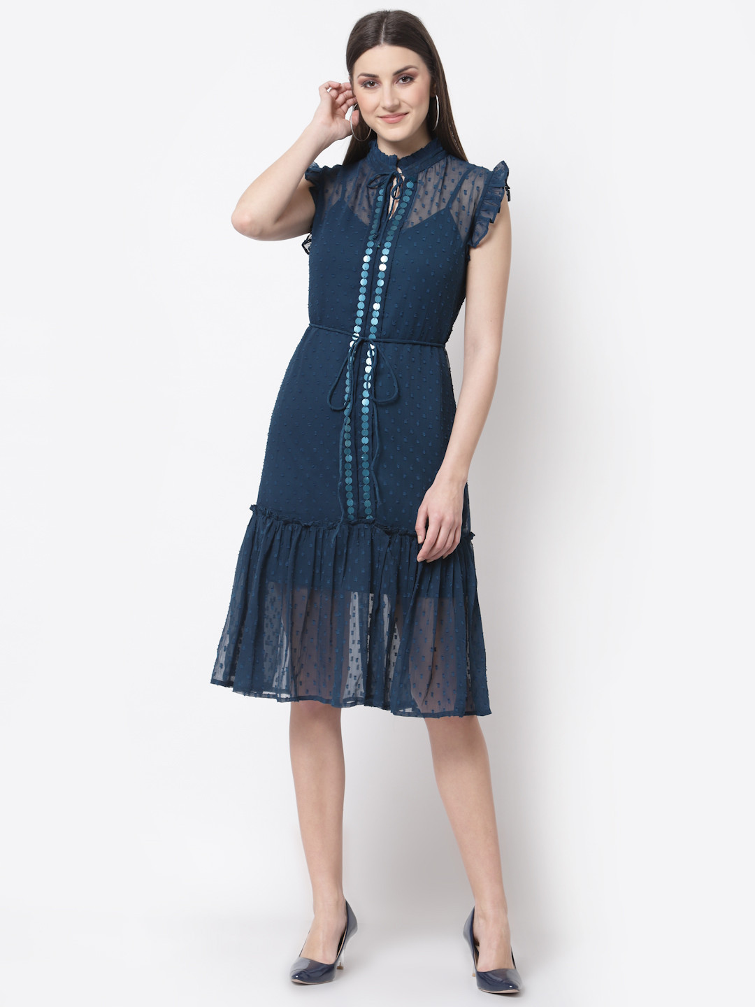 

BLANC9 Teal A-Line Embellished Midi Dress