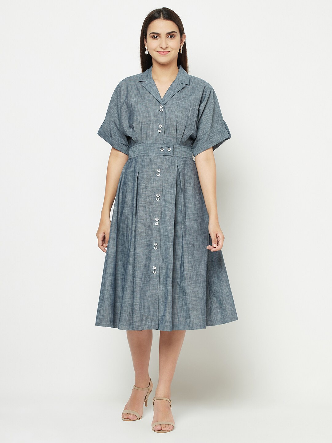 

BLANC9 Blue Shirt Midi Cotton Denim Lapel Dress