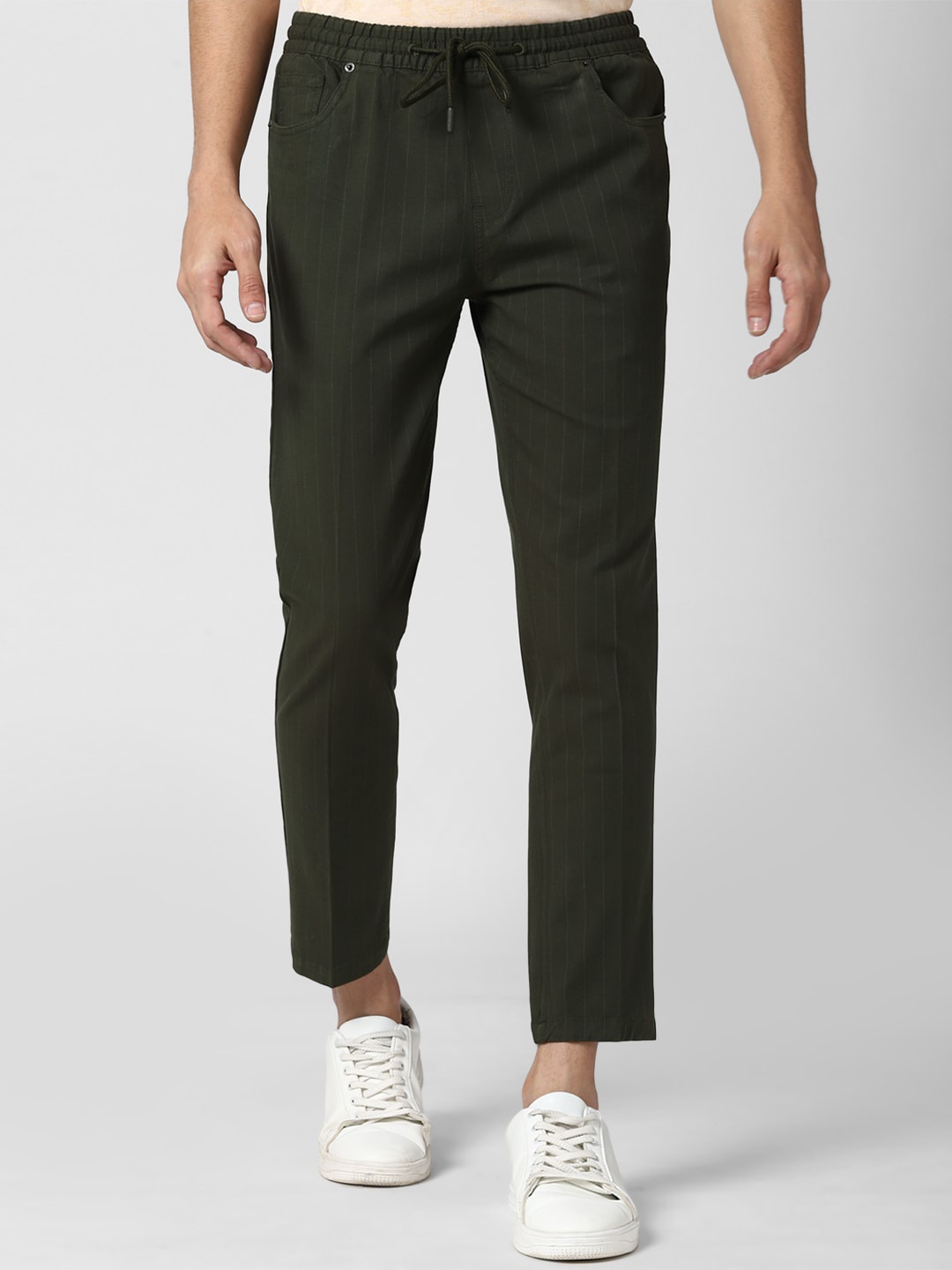 

Peter England Casuals Men Olive Green Striped Slim Fit Trousers