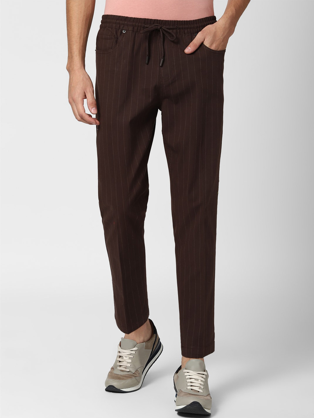 

Peter England Casuals Men Brown Striped Slim Fit Trousers