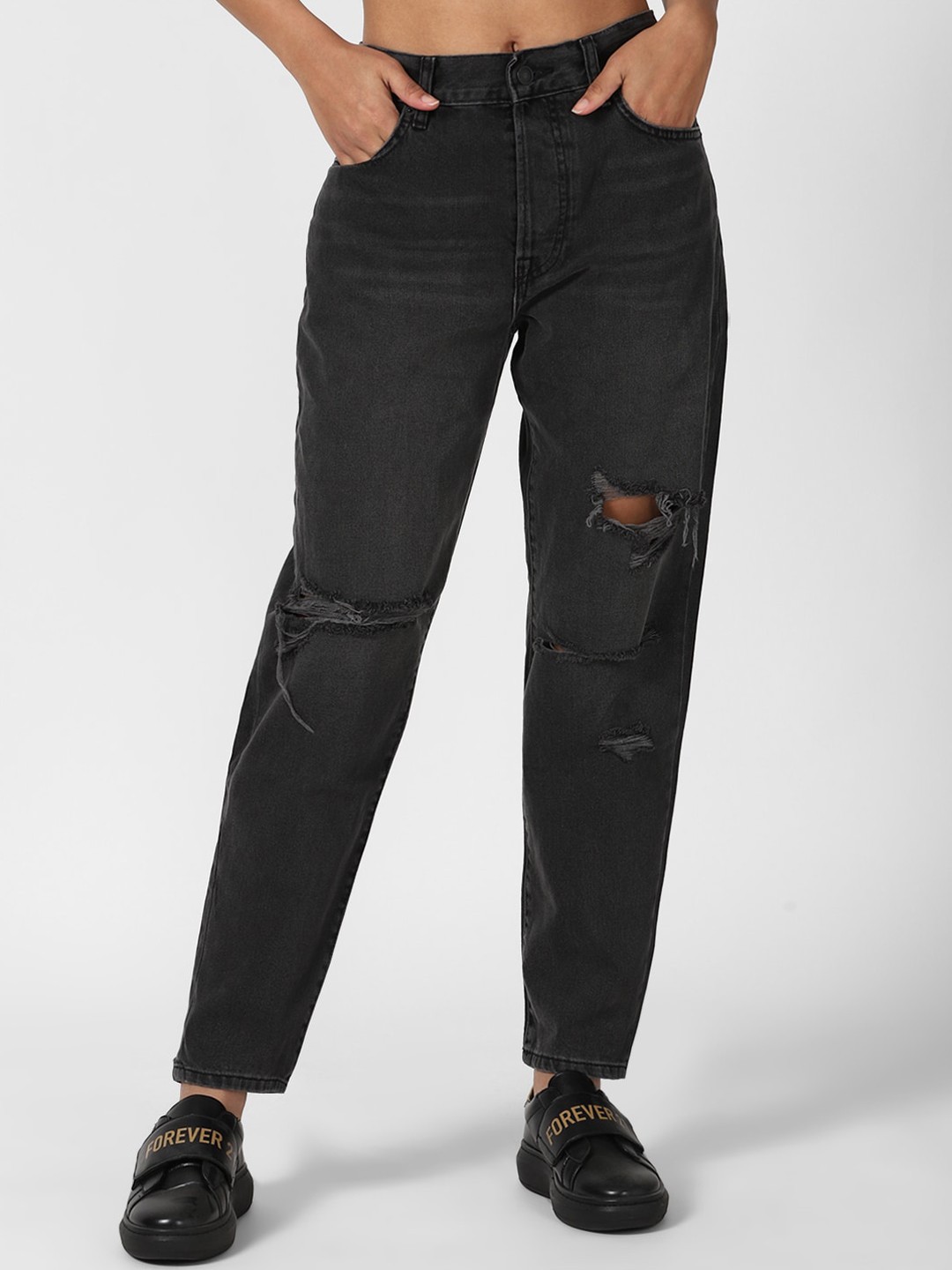 

FOREVER 21 Women Black Highly Distressed Jeans