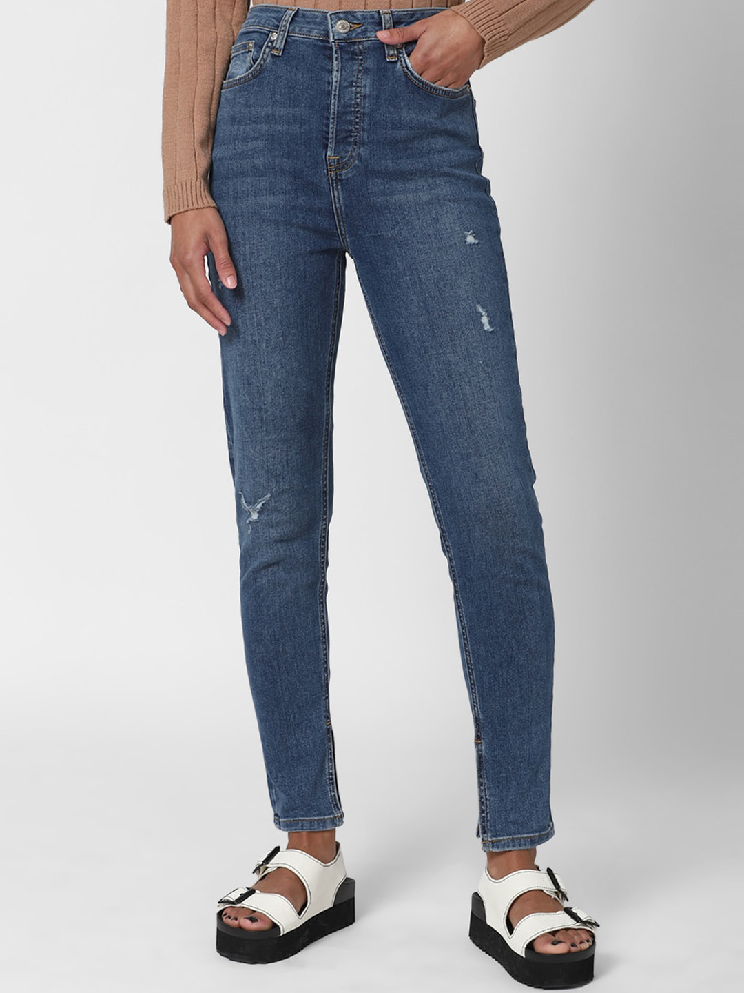 

FOREVER 21 Women Blue Skinny Fit High-Rise Low Distress Light Fade Jeans