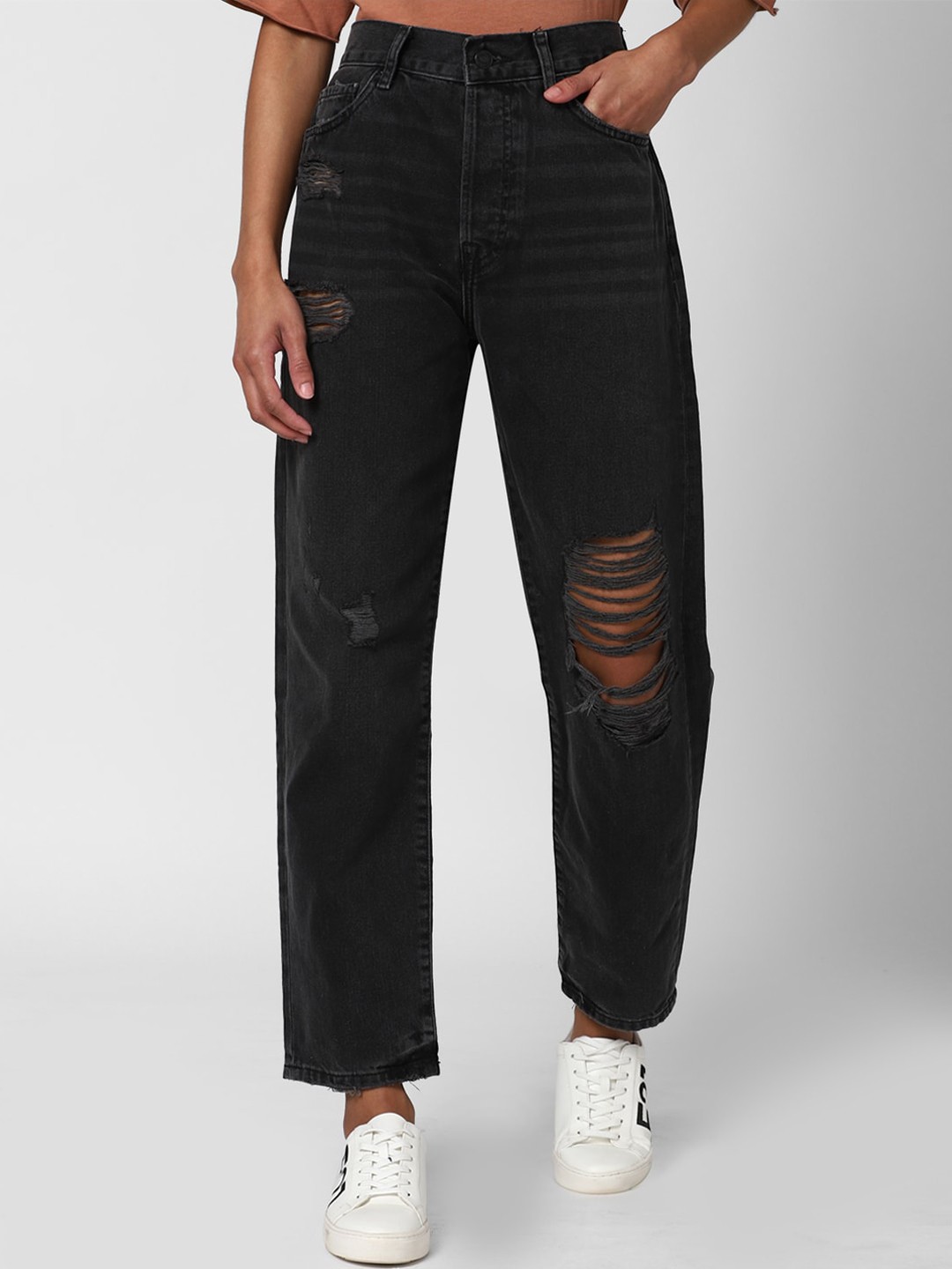 

FOREVER 21 Women Black Highly Distressed Jeans