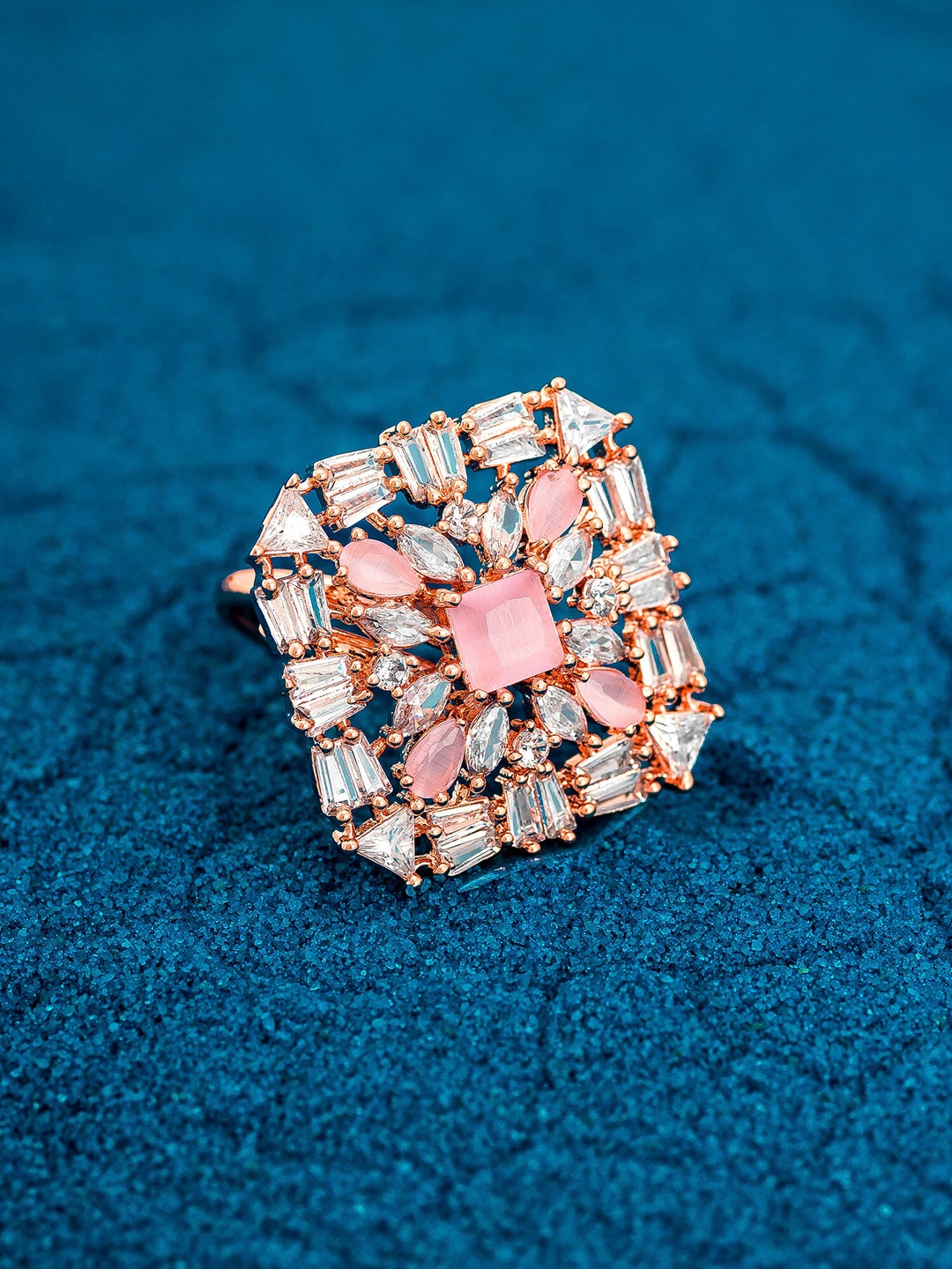 

aadita 18K Gold-Plated White & Pink AD-Studded Adjustable Finger Ring