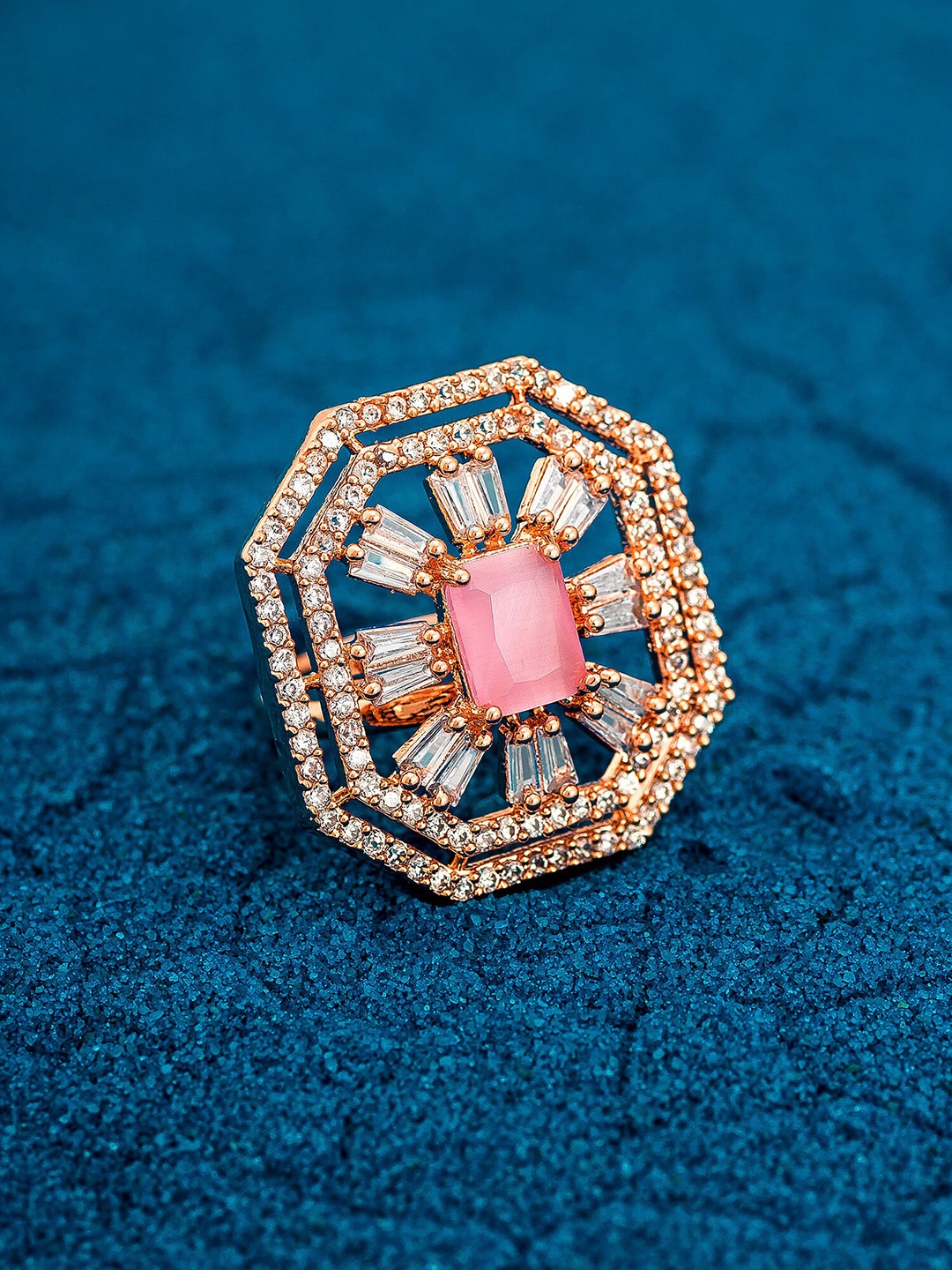 

aadita 18K Gold-Plated White & Pink AD-Studded Adjustable Finger Ring