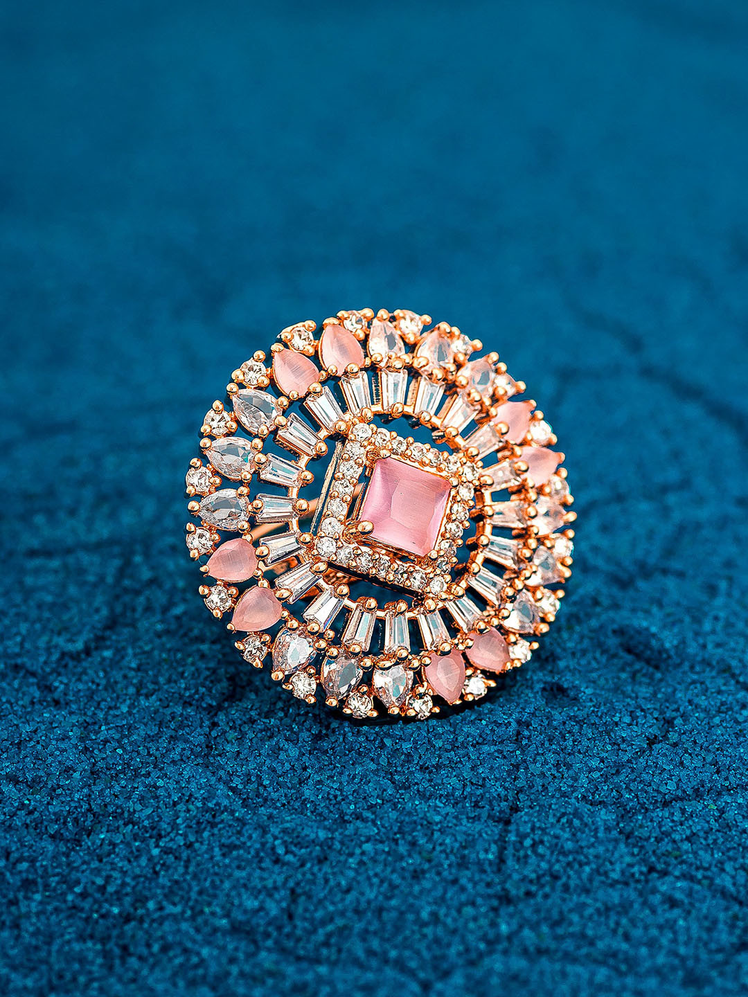 

aadita 18K Gold-Plated White & Pink American Diamond Studded Adjustable Finger Ring