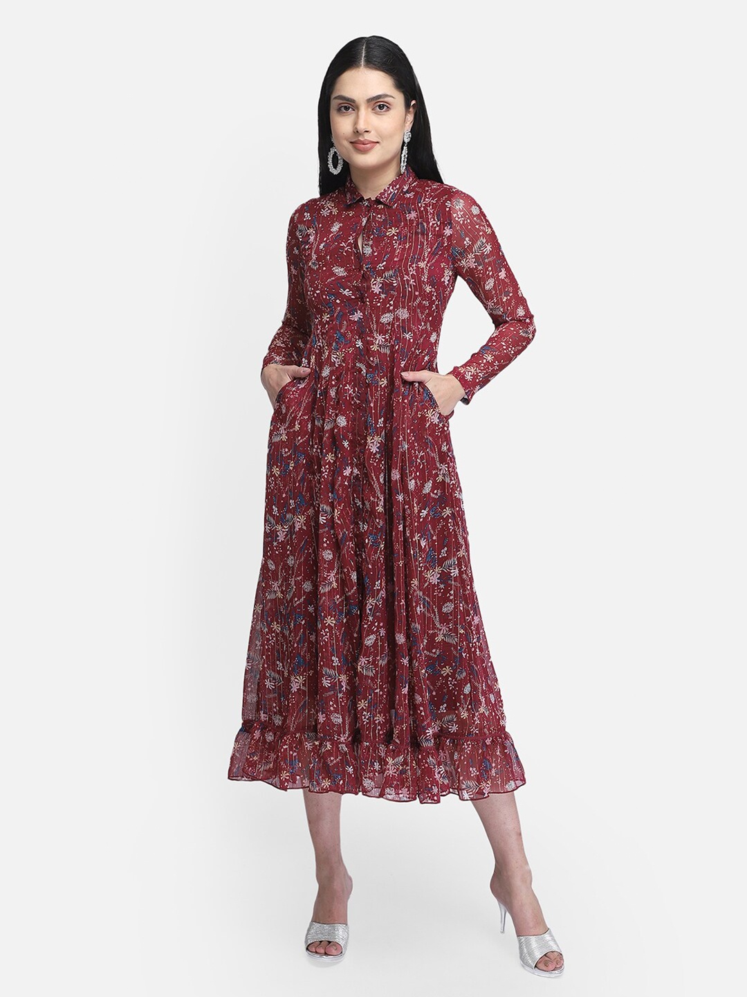 

Yaadleen Maroon Floral Printed Chiffon Midi Dress