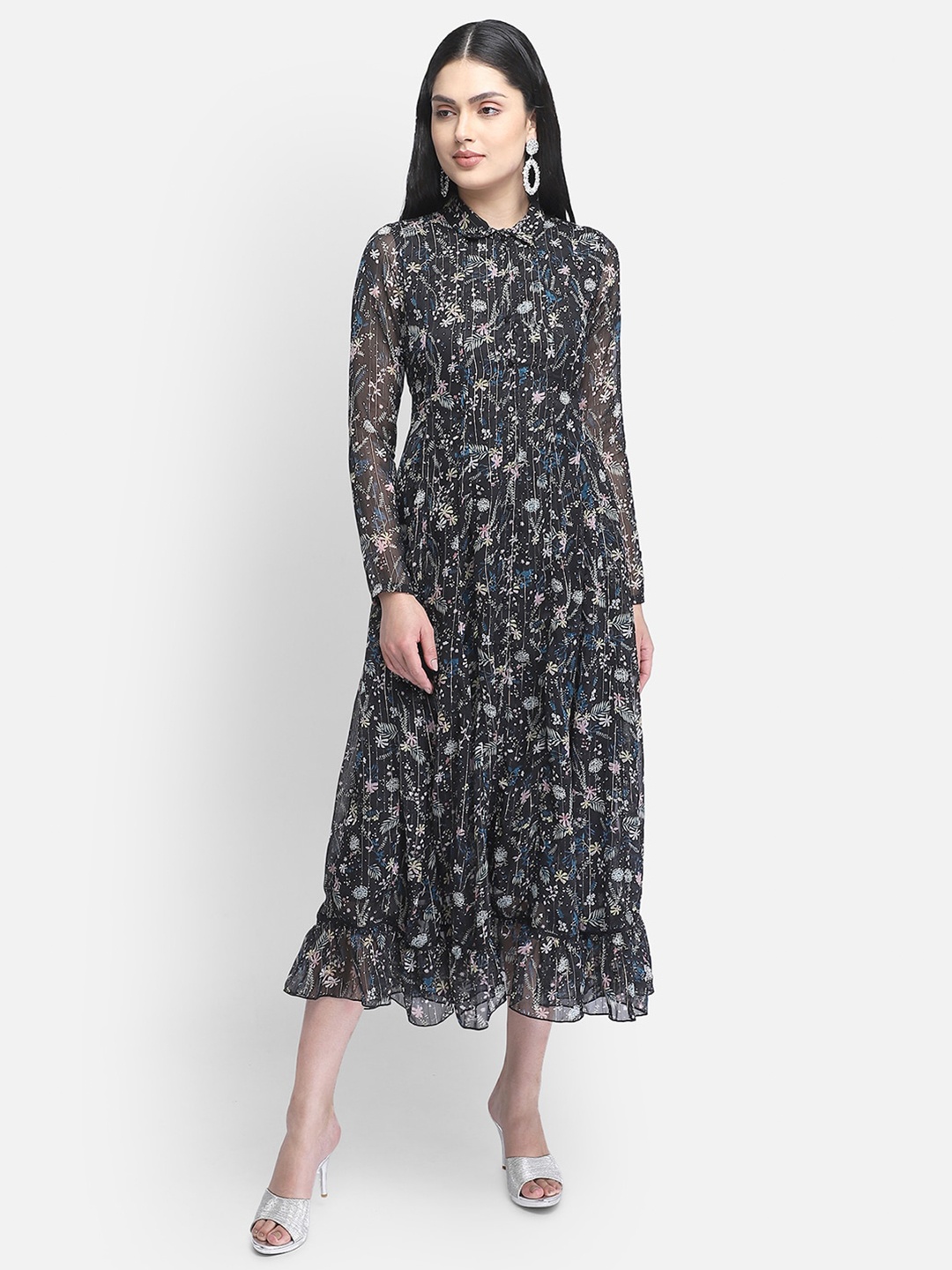 

Yaadleen Black & Blue Floral Chiffon Shirt Midi Dress