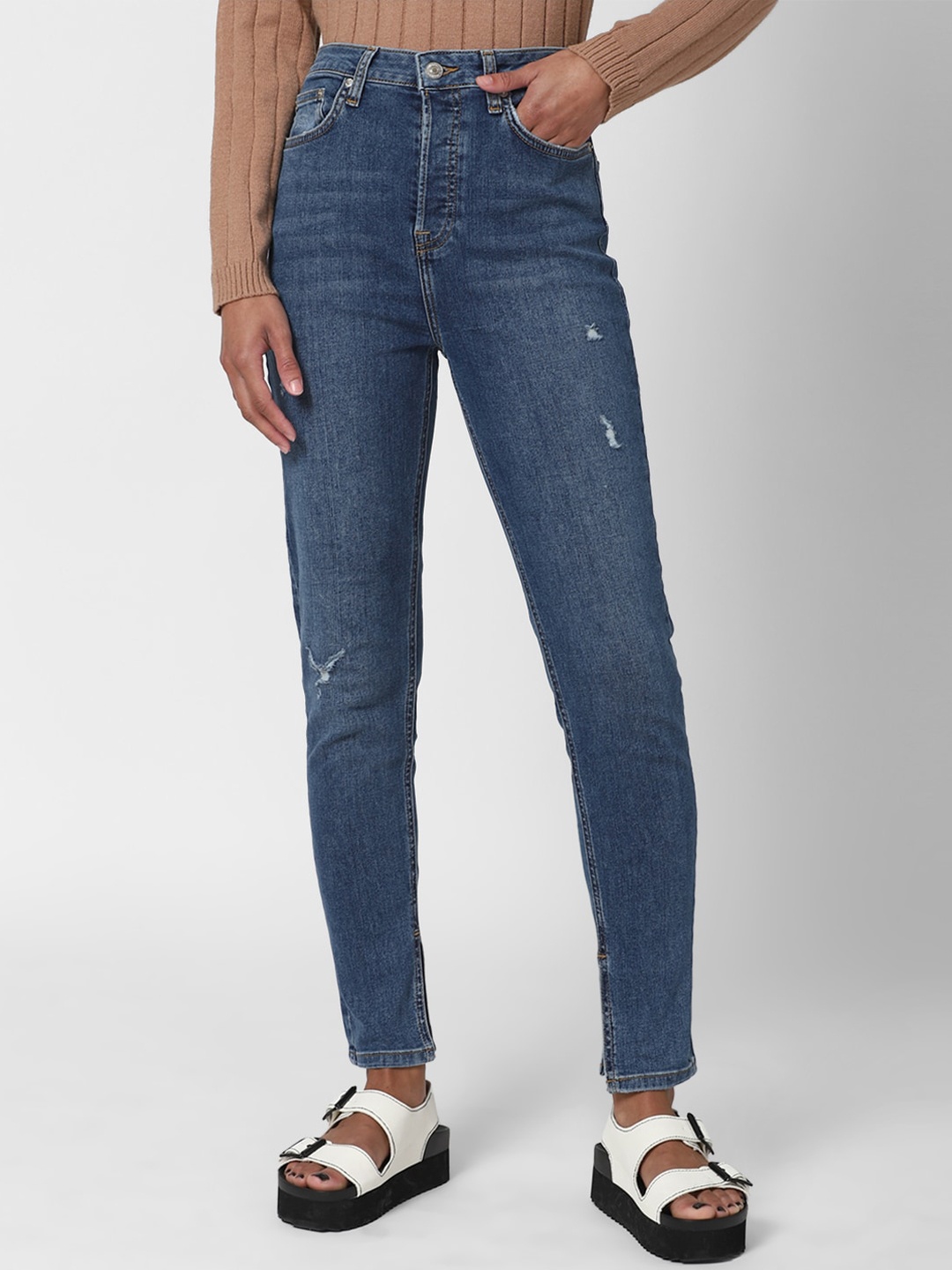 

FOREVER 21 Women Blue Low Distress Light Fade Jeans