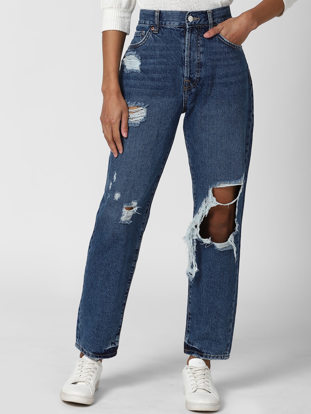 

FOREVER 21 Women Blue Highly Distressed Light Fade Jeans