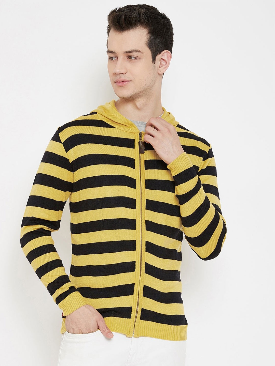 

JUMP USA Men Beige & Black Striped Hooded Acrylic Cardigan