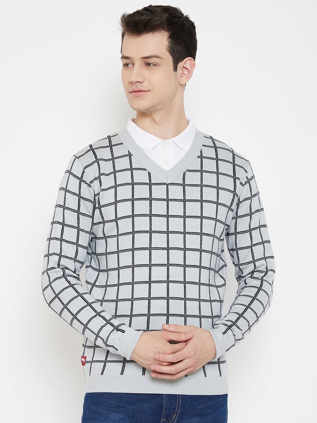 

JUMP USA Men Grey Checked V-neck Pullover Sweater