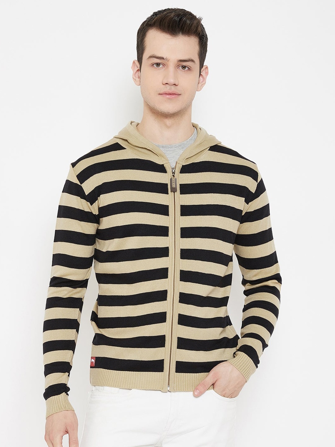 

JUMP USA Men Beige Striped Hooded Sweatshirt