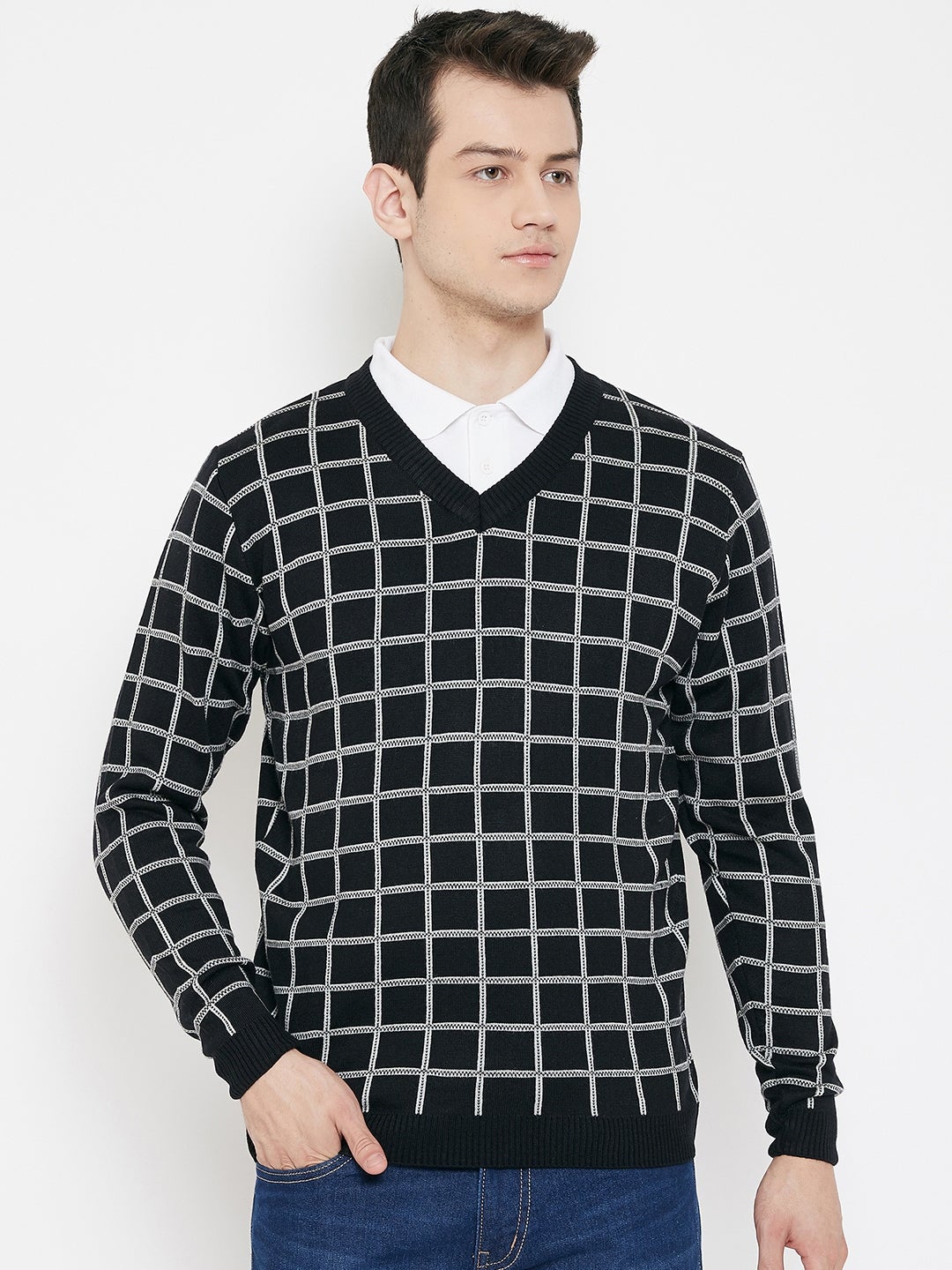 

JUMP USA Men Black & Grey Checked Acrylic Pullover