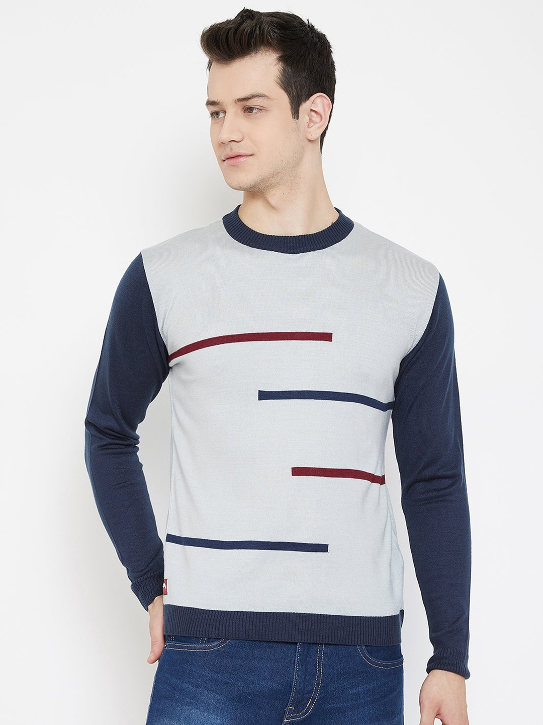 

JUMP USA Men Grey & Navy Blue Colourblocked Striped Pullover