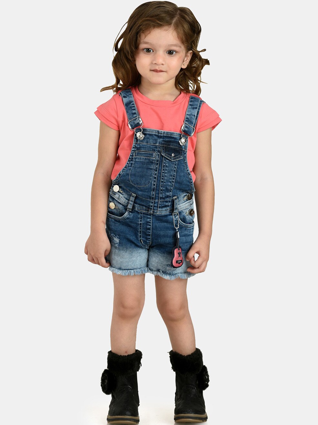 

Peppermint Girls Blue Solid Denim Dungarees