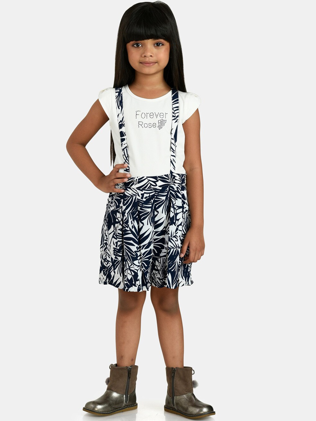 

Peppermint Girls Navy Blue & White Printed Flared Dungaree