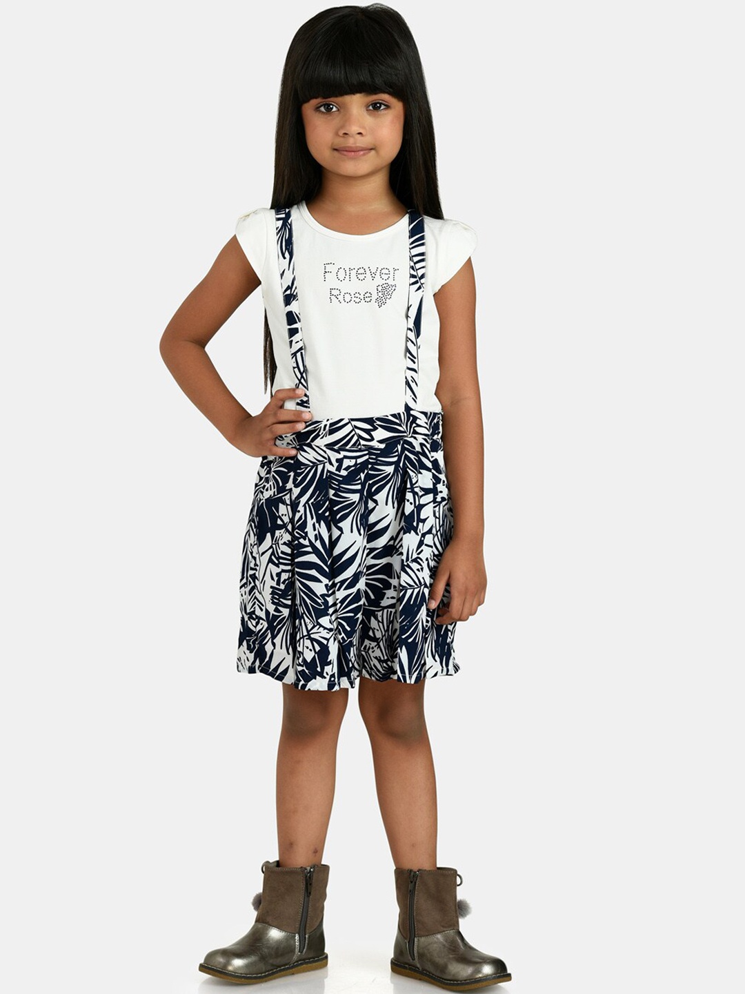 

Peppermint Girls Navy Blue & White Printed Dungaree