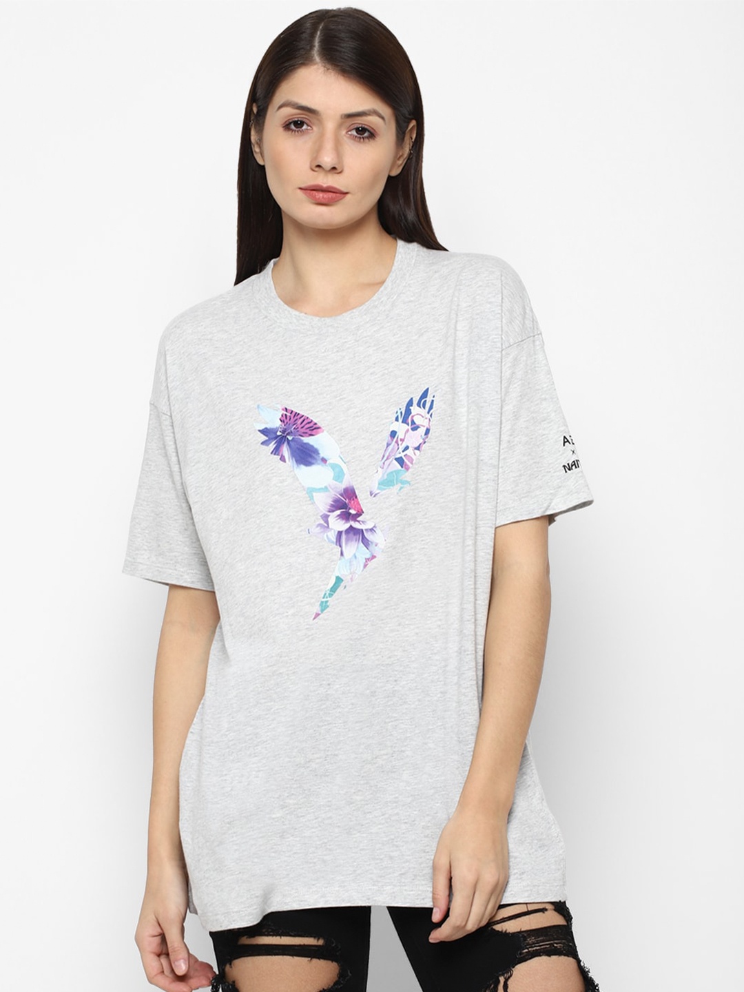 

AMERICAN EAGLE OUTFITTERS Women Grey Printed Drop-Shoulder Sleeves T-shirt