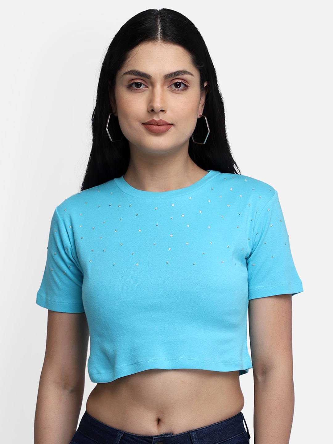 

Yaadleen Turquoise Blue Embellished Crop Top