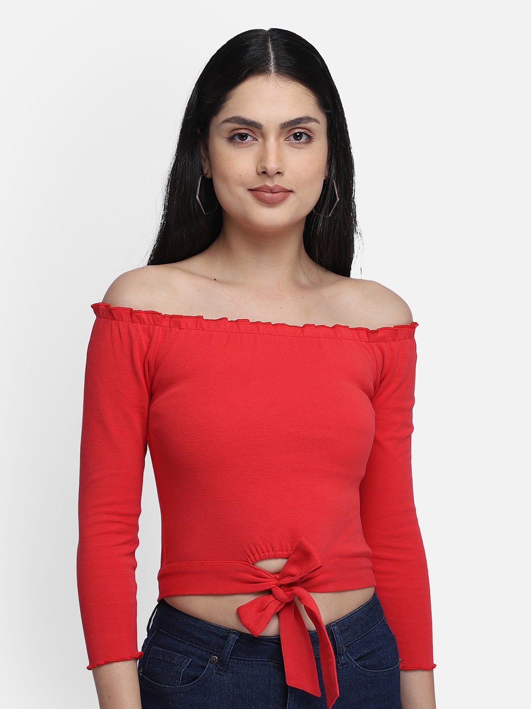

Yaadleen Red Off-Shoulder Solid Bardot Waist Tie-Up Crop Top