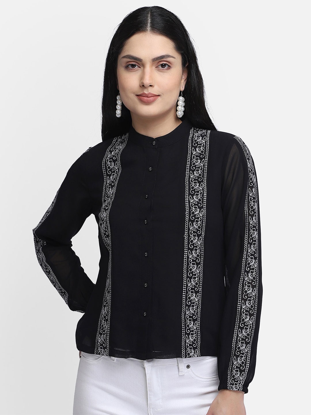 

Yaadleen Black & White Floral Embroidered Mandarin Collar Georgette Shirt Style Top