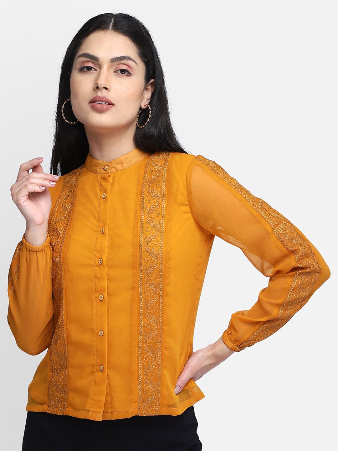 

Yaadleen Mustard Yellow Mandarin Collar Georgette Shirt Style Top