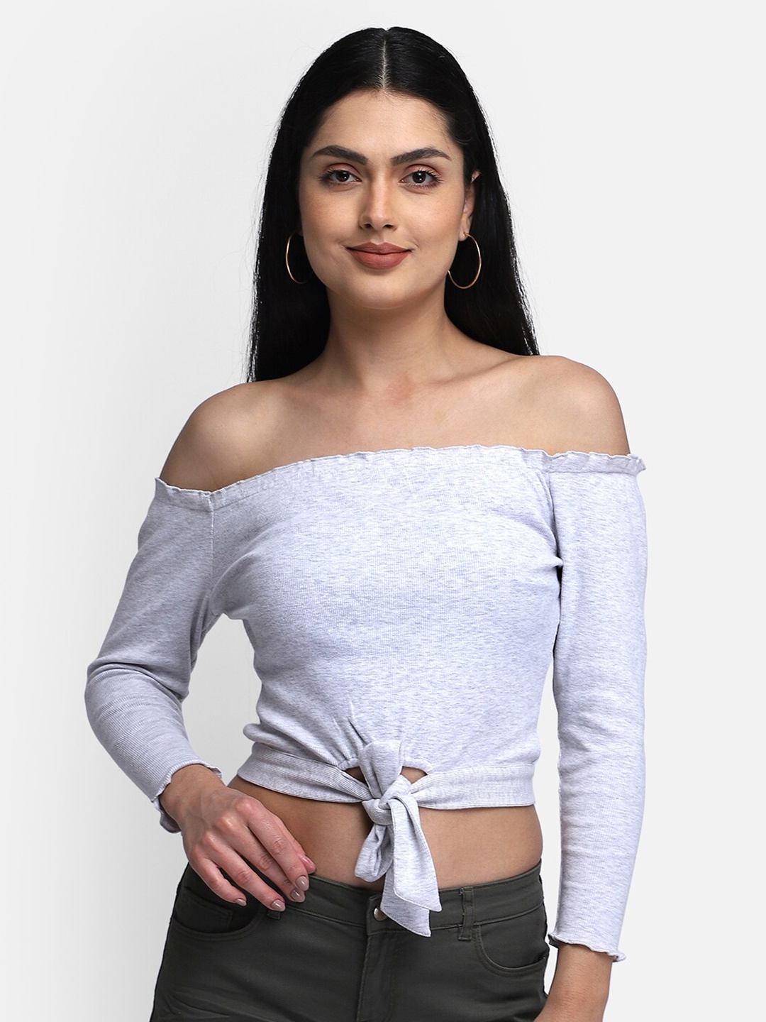 

Yaadleen Grey Off-Shoulder Bardot Cotton Crop Top