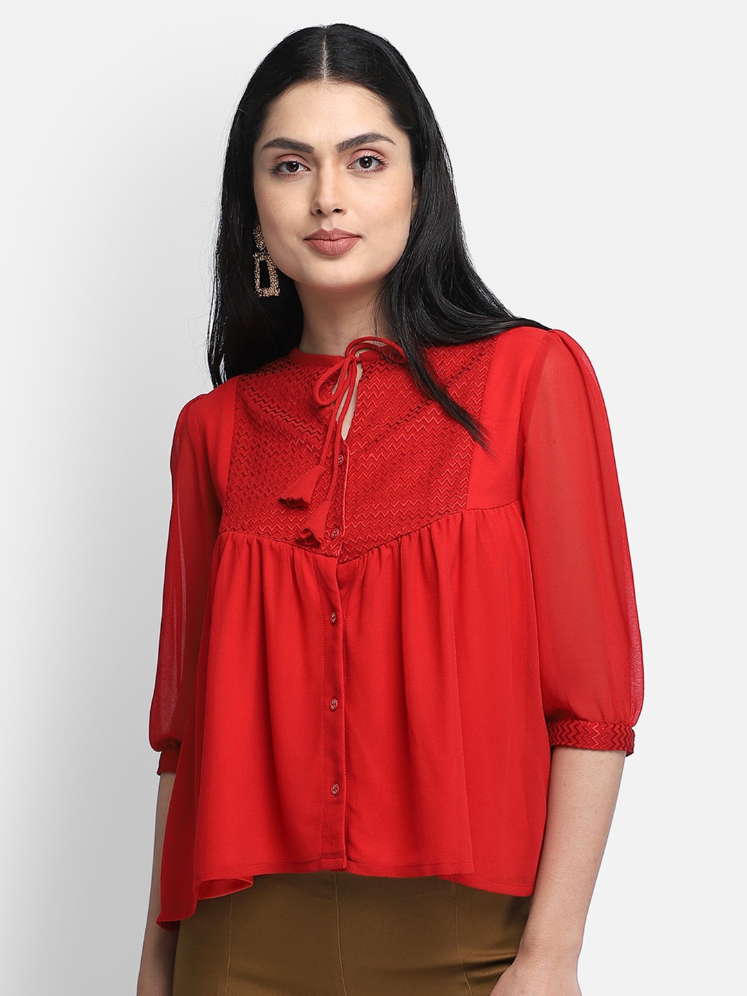 

Yaadleen Women Red Tie-Up Neck Georgette Top