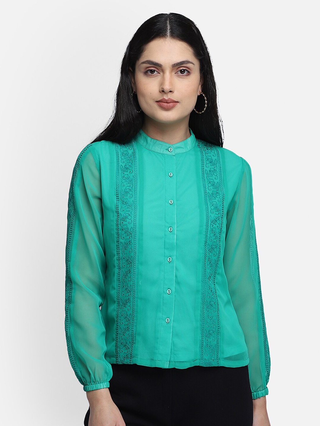 

Yaadleen Sea Green Embroidered Mandarin Collar Georgette Shirt Style Top