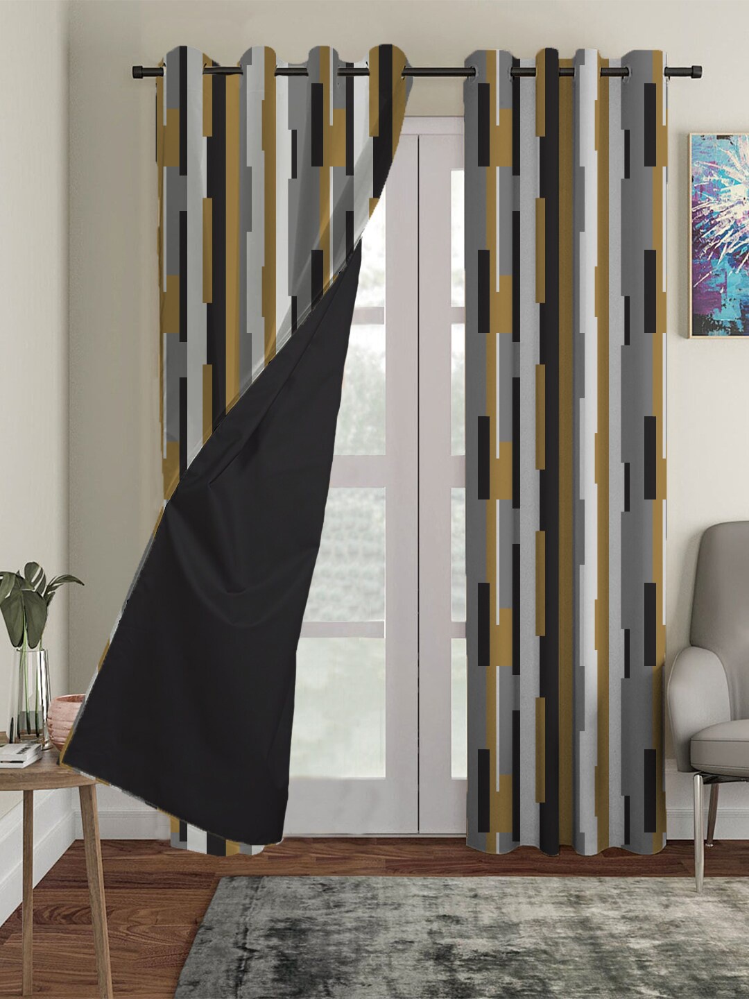 

HOUZZCODE Grey & Mustard Set of 3 Black Out Long Door Curtain