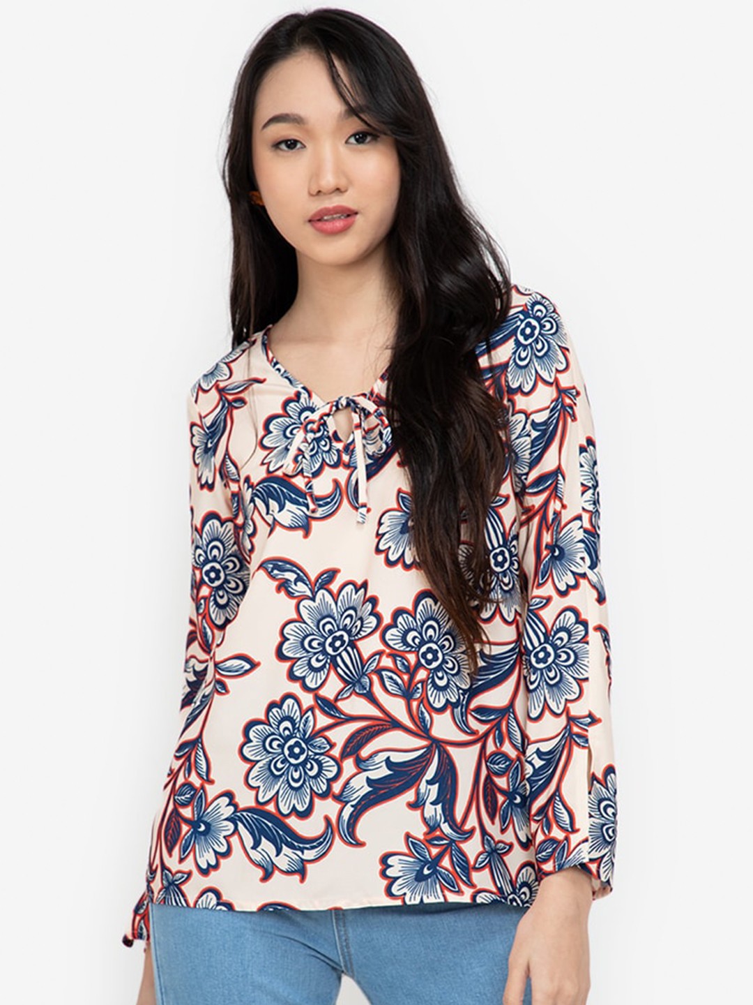 

ZALORA BASICS Beige & Blue Floral Tie-Up Neck Top