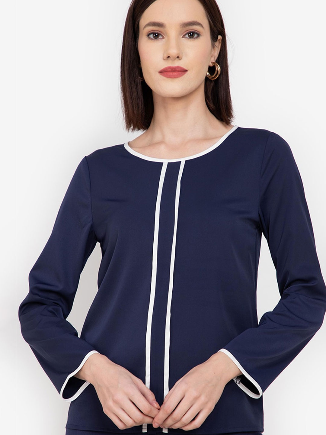 

ZALORA WORK Blue & White Contrast Binding Long Sleeves Blouse