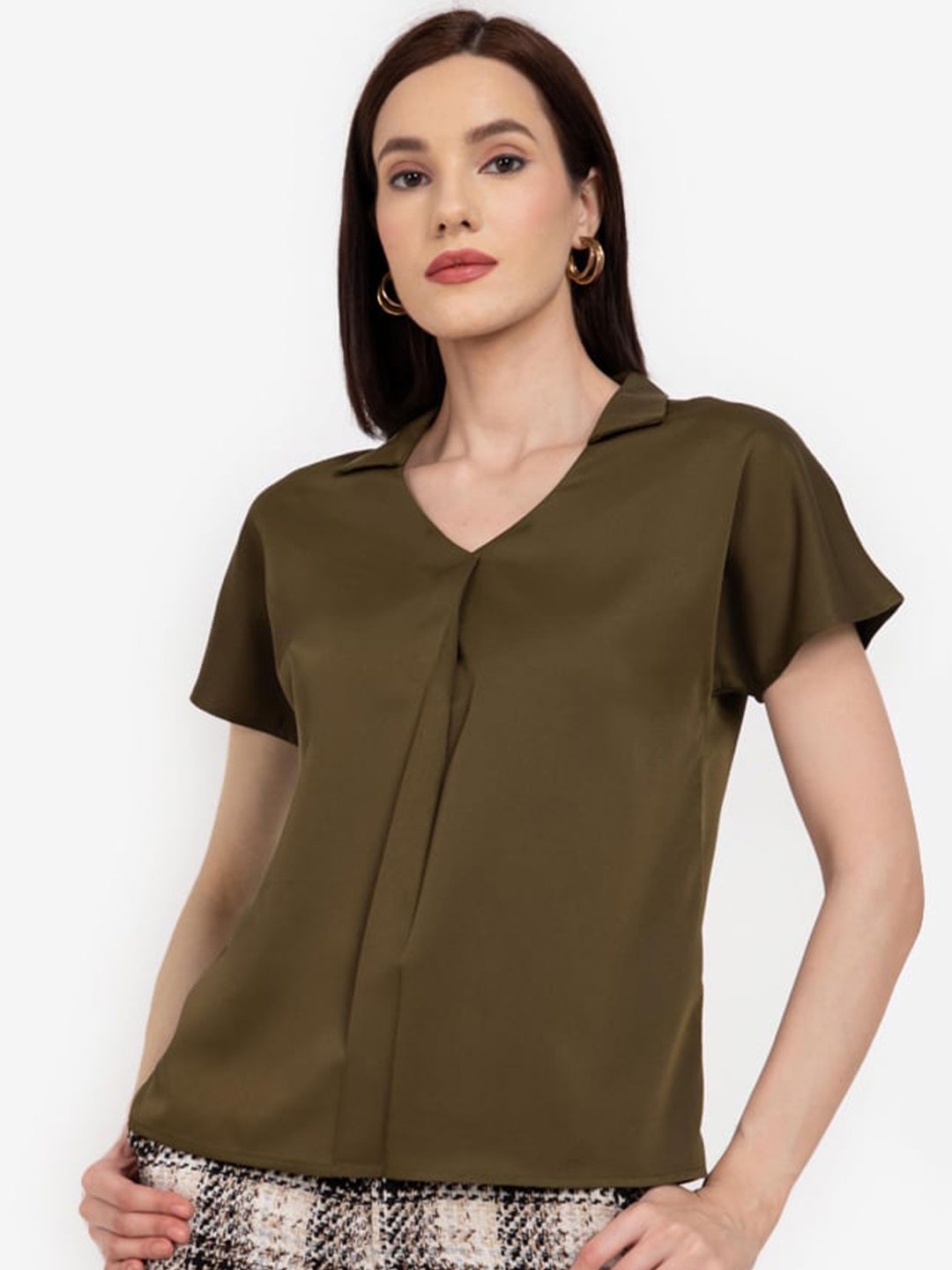 

ZALORA WORK Olive Green Overlap Detail Shirt Style Top