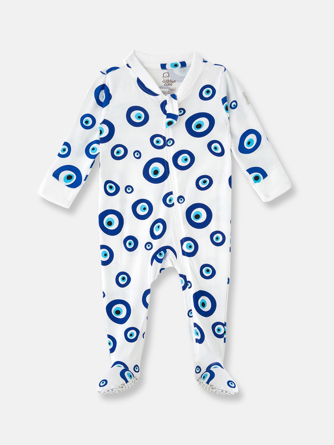 

Cuddles for Cubs Infant Kids Blue & White Printed Cotton Sleepsuit