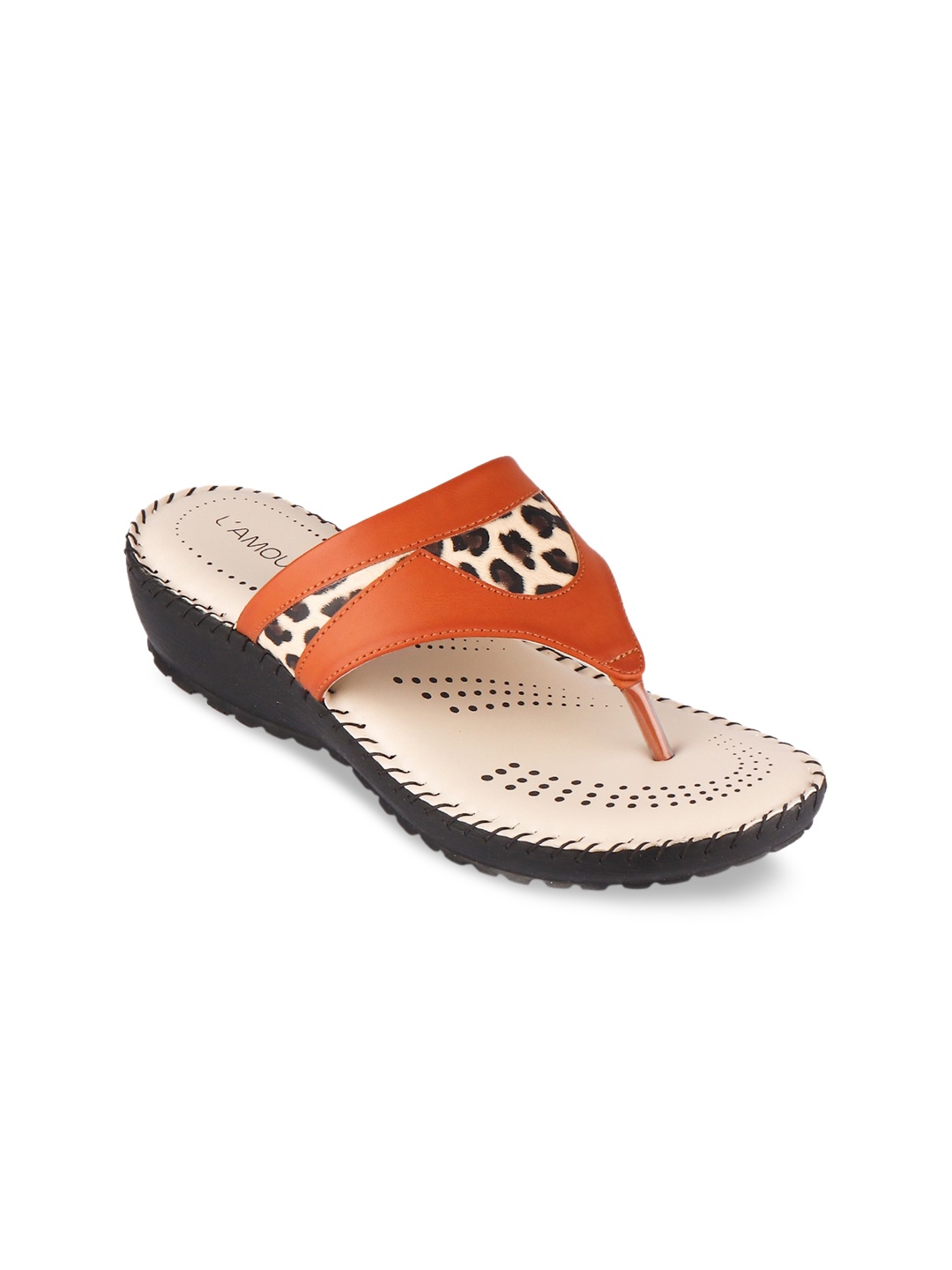 

LAMOURE BY RED CHIEF Women Tan T-Strap Flats with Laser Cuts