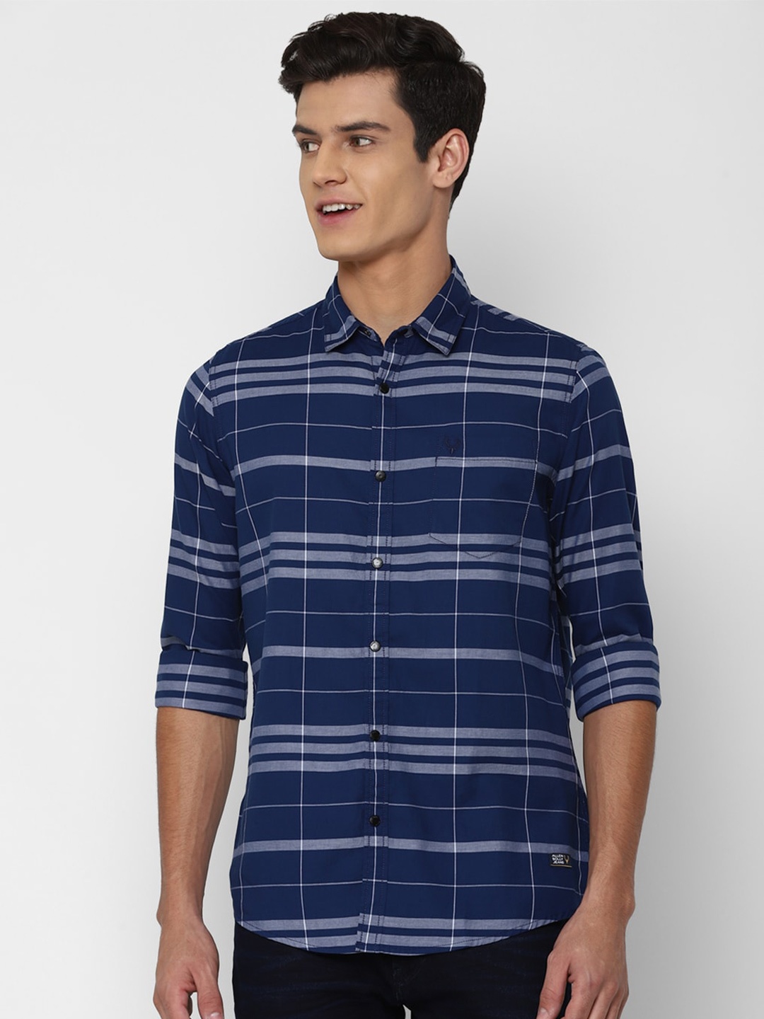 

Allen Solly Sport Men Navy Blue & Grey Checked Pure Cotton Casual Shirt