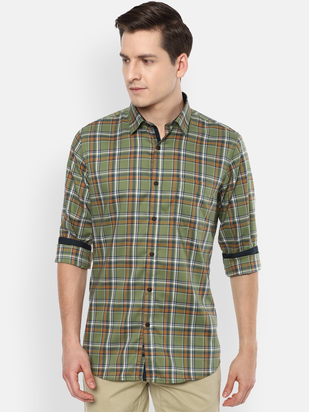 

Van Heusen Sport Men Green & Yellow Slim Fit Tartan Checked Pure Cotton Casual Shirt