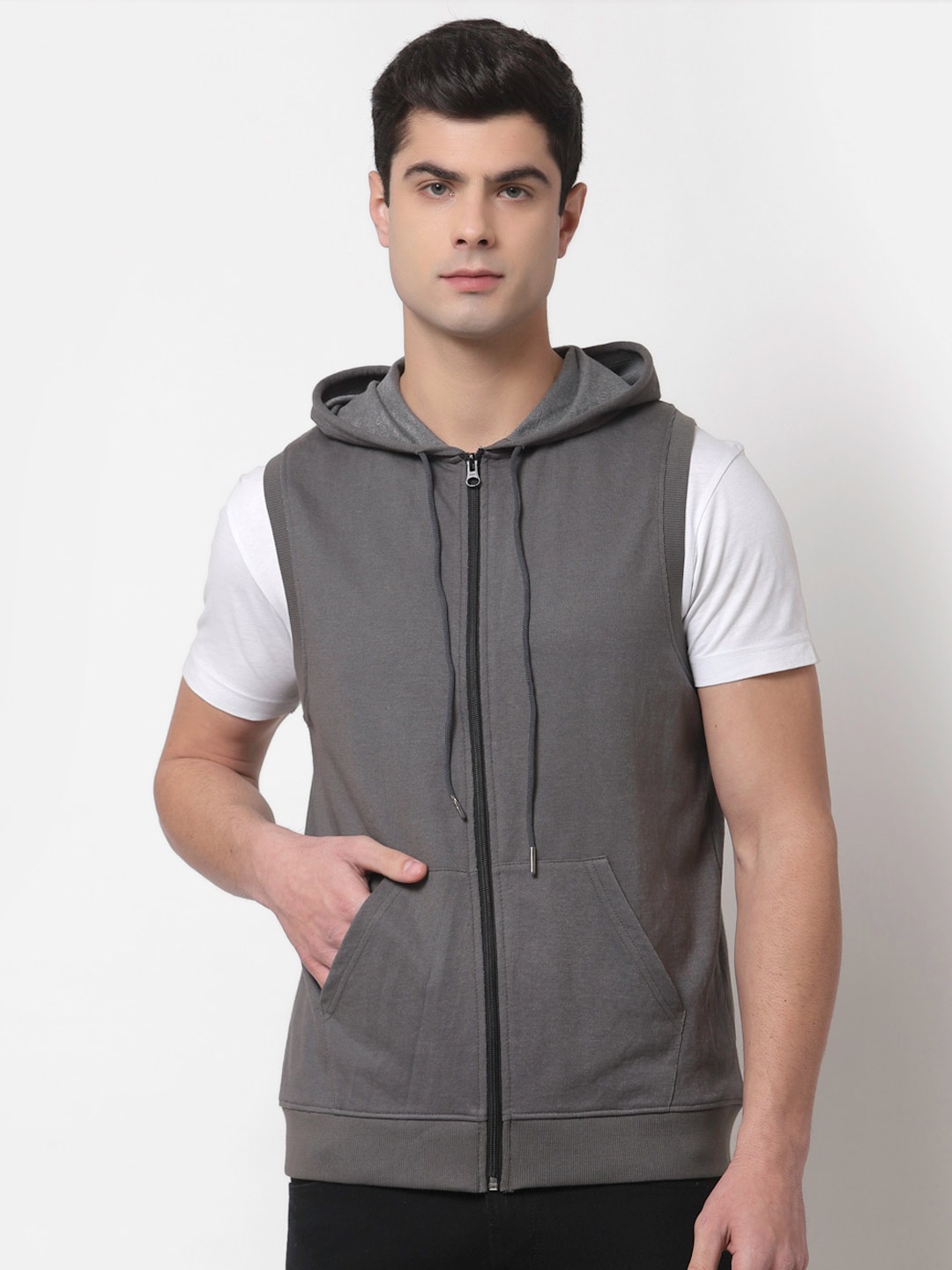 

Style Quotient Men Grey Solid Sleeveless Hooded Front -Open Sweatshirt