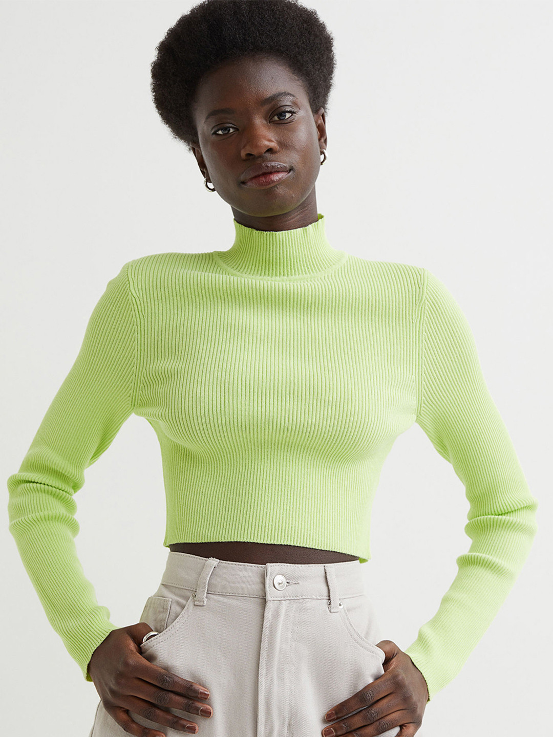

H&M Women Fluorescent Green Knitted Cropped Top