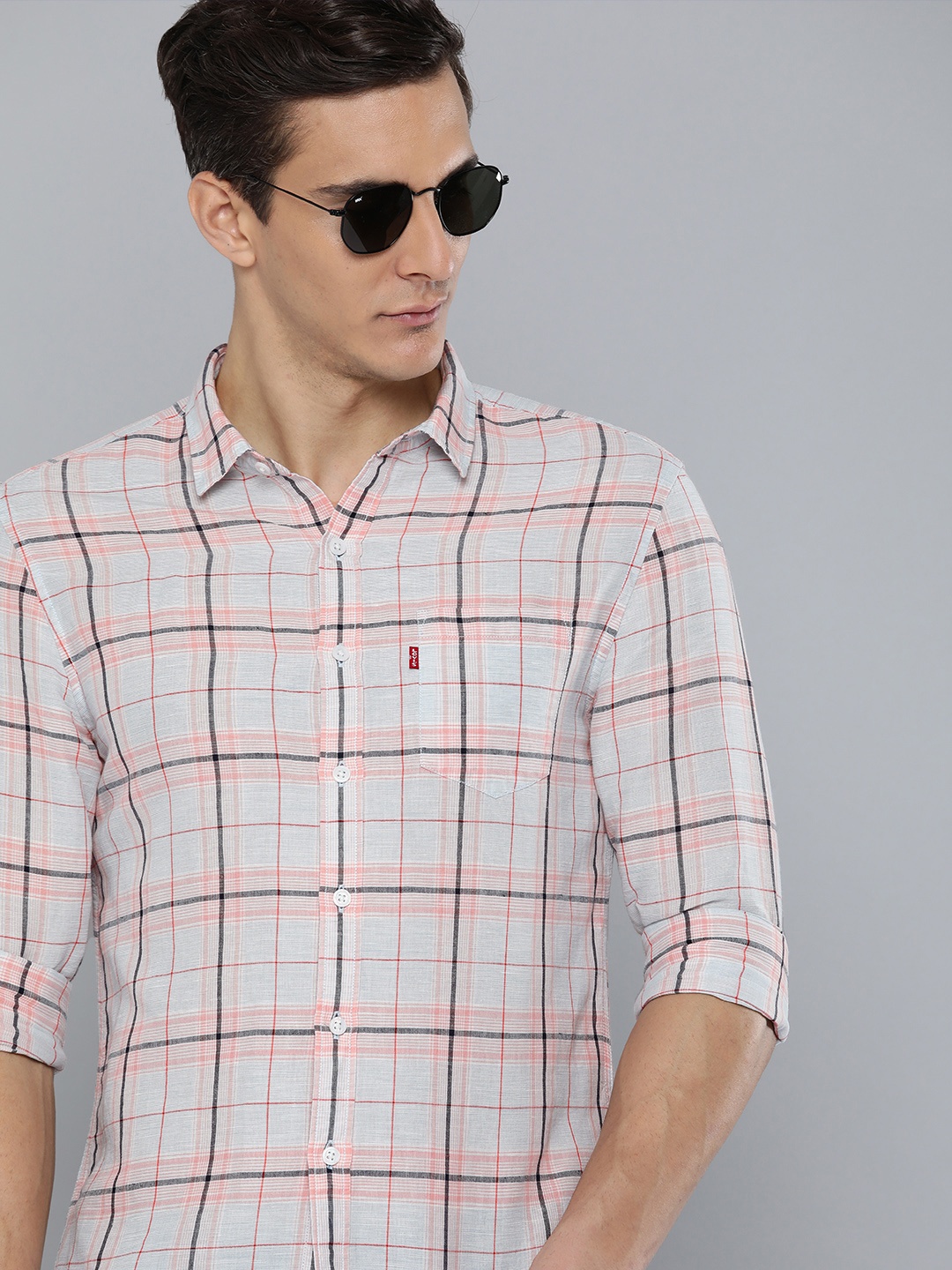 

Levis Men White Slim Fit Tartan Checks Opaque Linen Cotton Casual Shirt