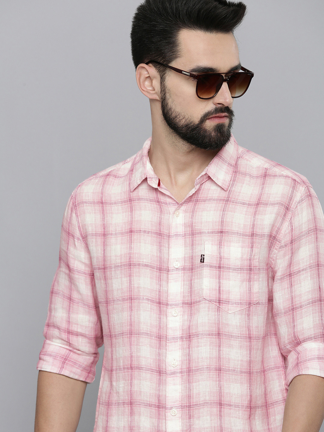 

Levis Men White & Purple Slim Fit Checked Linen Casual Shirt