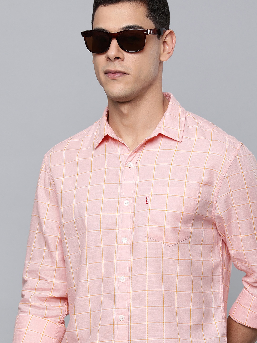 

Levis Men Pink & Orange Windowpane Checked Pure Cotton Casual Shirt