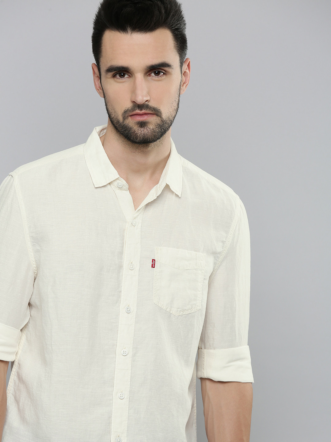 

Levis Men Off White Standard Slim Fit Solid Opaque Linen Blend Casual Shirt With Pocket