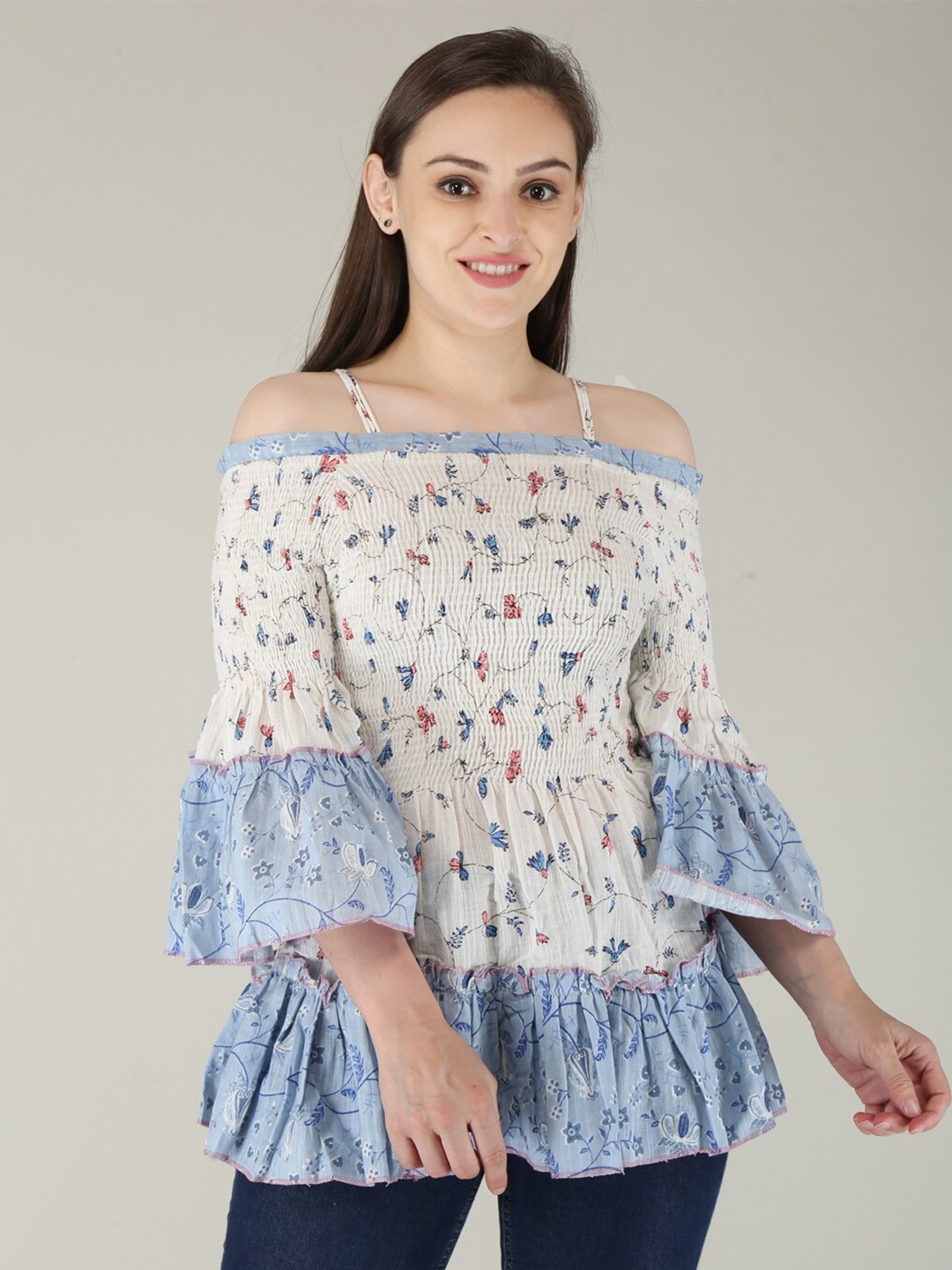 

KALINI Blue & Off White Floral Print Off-Shoulder Bardot Top